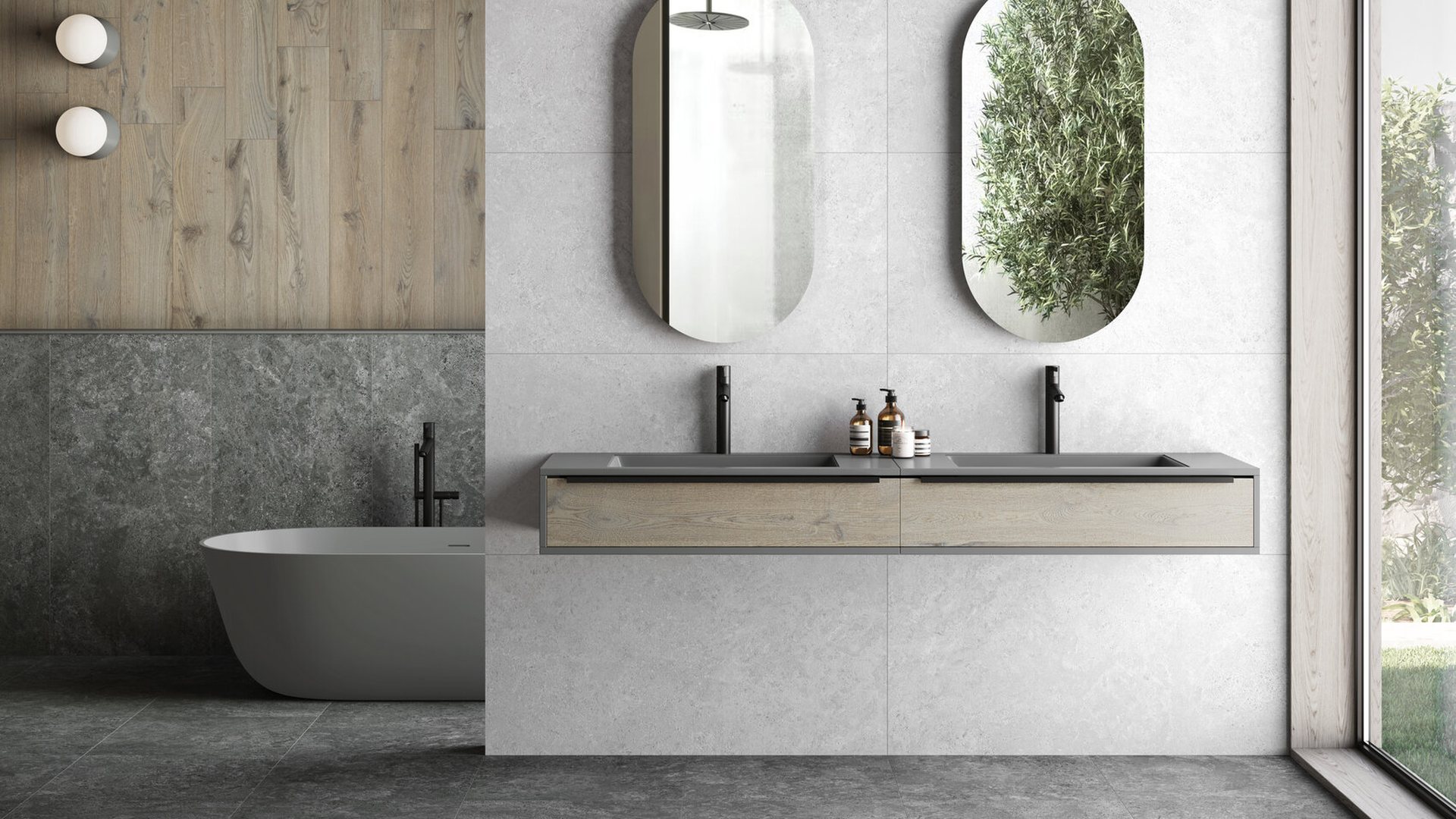 Salle de bain en grès cérame Tau Borga Graphite, formats 60 × 60 et 60 × 120