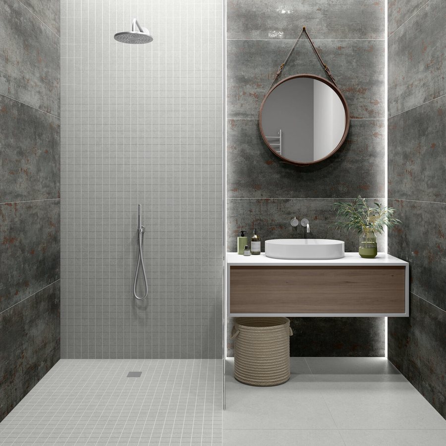 Mosaïque Tau Roadstone Silver dans une douche à l'italienne
