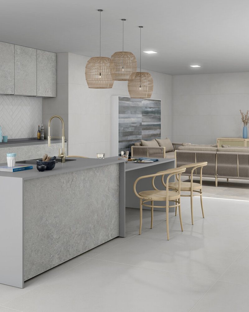 Cuisine en Tau Integra White 120 × 120 avec crédence Maiolica White