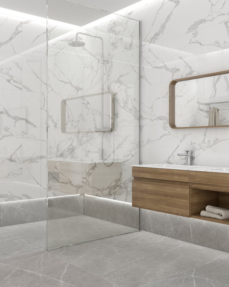 Salle de bain en grès cérame effet marbre Tau Torano 75 × 150