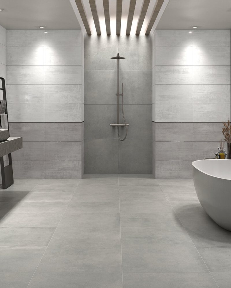 Salle de bain en Tau Corten Wall White 30 × 60 et sol Maison Silver 60 × 60