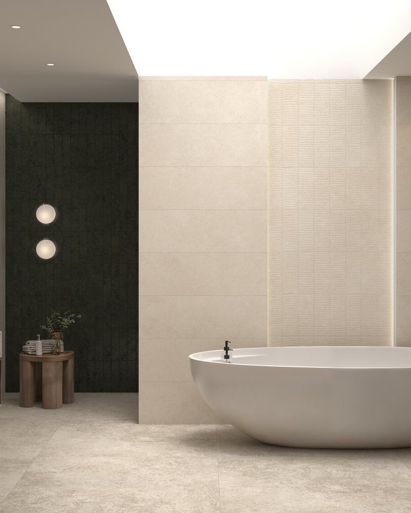 Salle de bain en faïence à relief Tau Olatua Sand 33,3 × 100